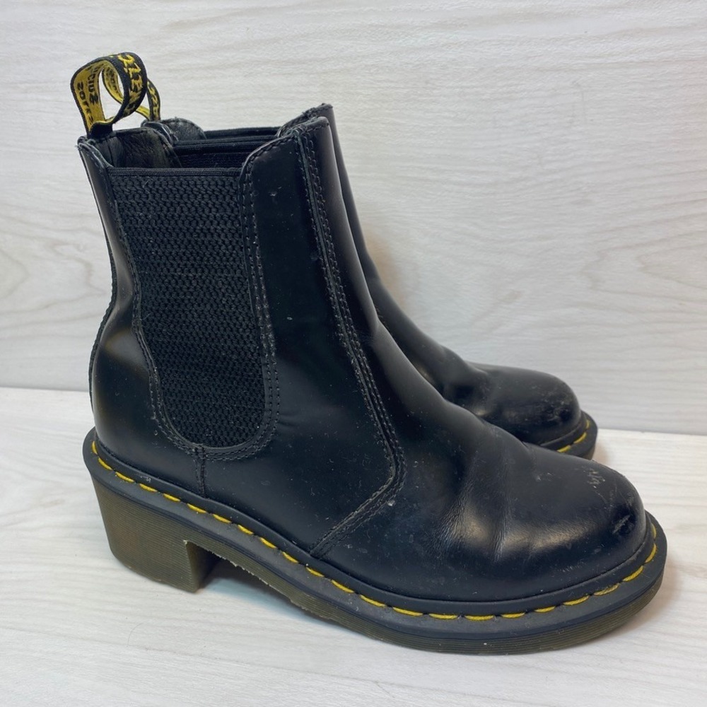 Dr. Martens Women 7 Cadence Chelsea Boots Block Heel Black Leather Yellow Stitch